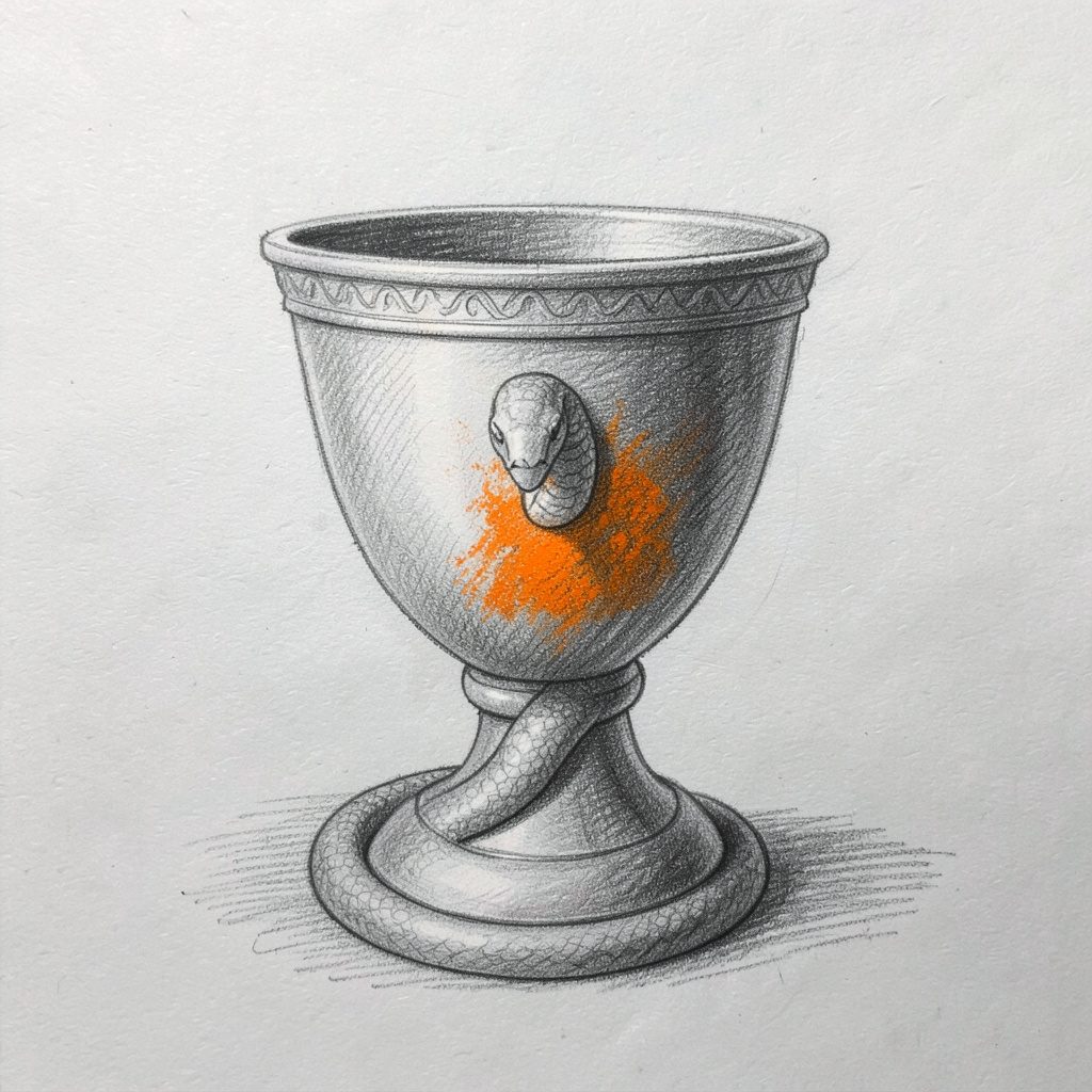 Graphite pencil sketch of an intertwined serpent and chalice motif rendered in soft gray tones, evoking an old mysterious atmosphere