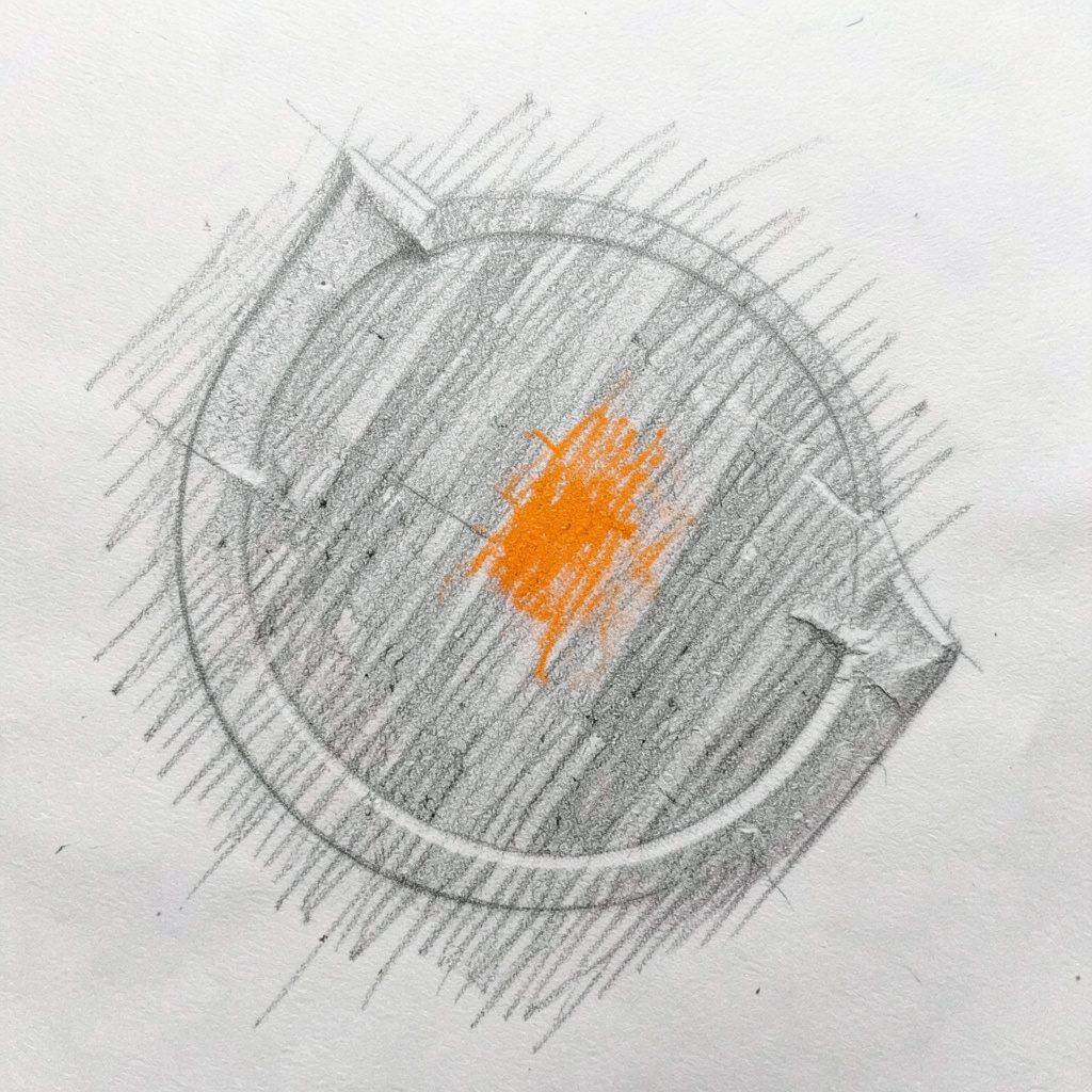 Graphite pencil sketch of an ornate chalice resting among faint carved stone patterns, shaded in muted gray and charcoal tones
