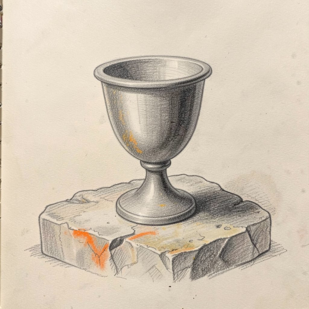A still graphite pencil sketch of a goblet resting on weathered stone, charcoal and cream tones, mythic and quiet